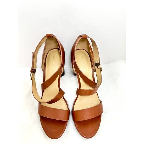 NINE WEST - FREYA, Dark natural GENUINE leather 4.75" platform sandals, SZ 10M - Picture 1 of 12